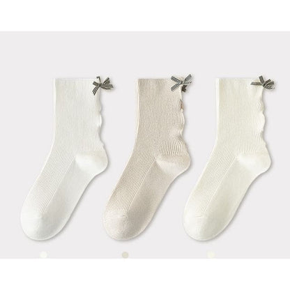 Bow Ribbed Short Socks Set - Set of 3 Pairs - White & Khaki