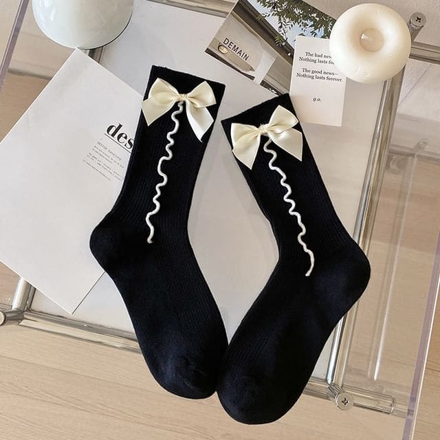 Bow Ribbed Socks - Women - Black / One Size