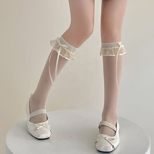 Bow Ruffle Trim Sheer Knee High Socks