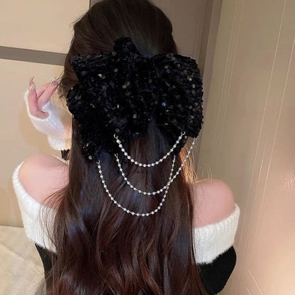 Bow Sequin Chained Hair Claw