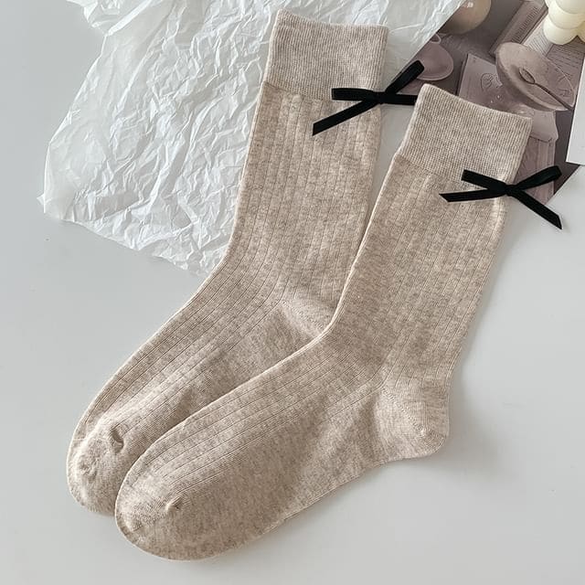 Bow Socks Set - 1 Pair - Khaki / One Size