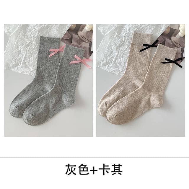 Bow Socks Set - Set of 2 - Gray & Khaki / One Size