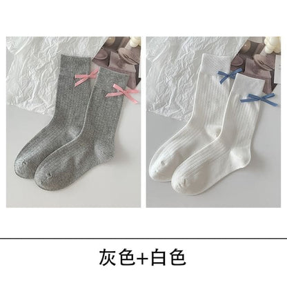 Bow Socks Set - Set of 2 - Gray & White / One Size