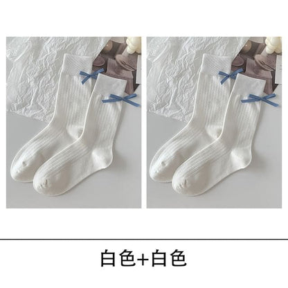 Bow Socks Set - Set of 2 - White / One Size