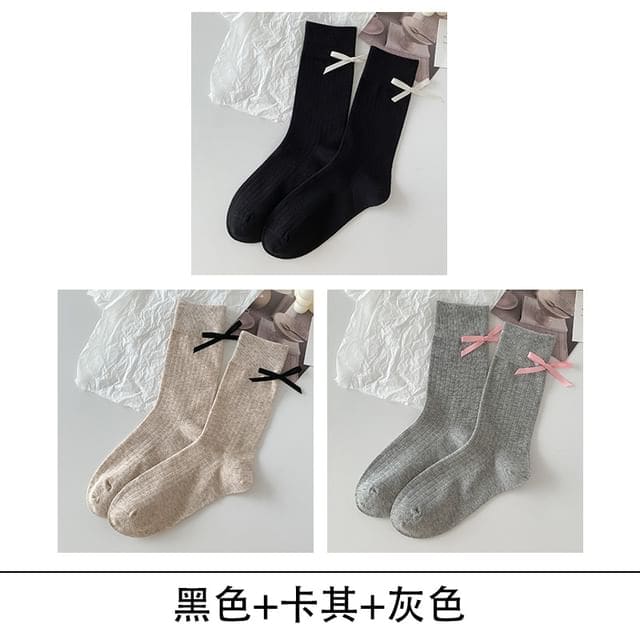 Bow Socks Set - Set of 3 - Black & Khaki & Gray / One Size