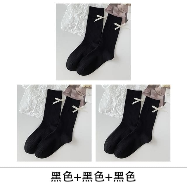 Bow Socks Set - Set of 3 - Black / One Size