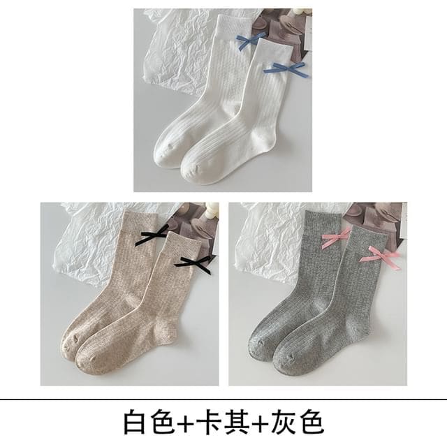 Bow Socks Set - Set of 3 - White & Khaki & Gray / One Size