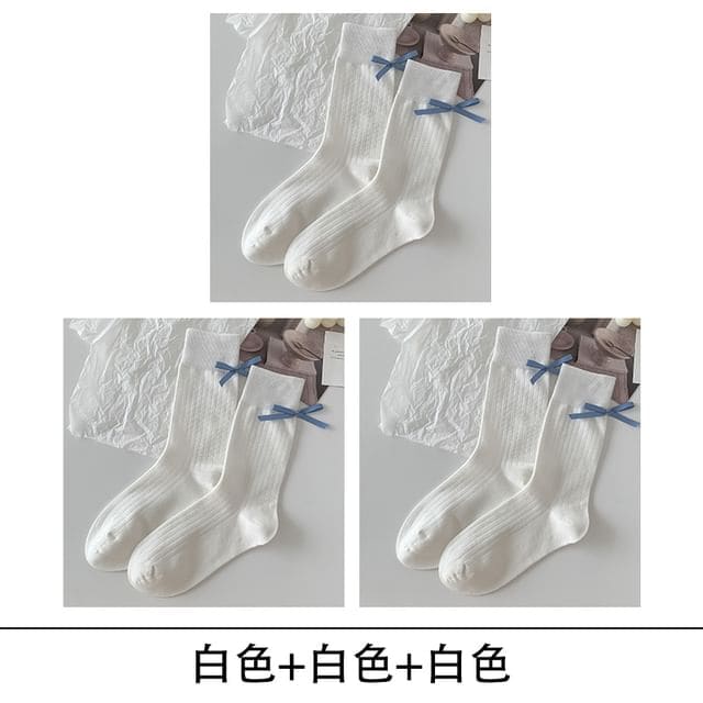 Bow Socks Set - Set of 3 - White / One Size