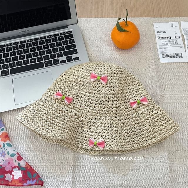 Bow Straw Bucket Hat - Beige / One Size