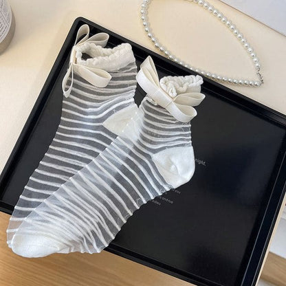 Bow Striped Mesh Socks - White / One Size