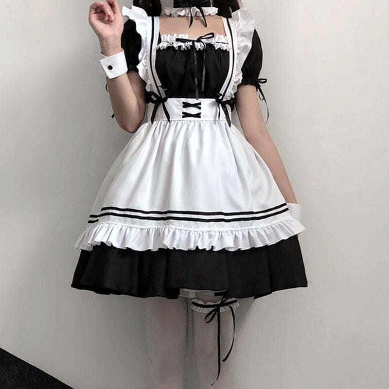 Bow Tie Lolita Maid Ruffle Costume Dress - Dress / S