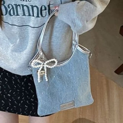 Bow Washed Denim Shoulder Bag