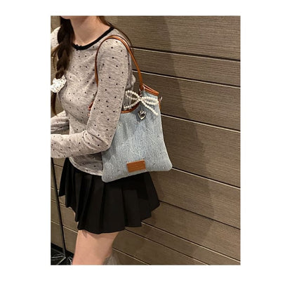 Bow Washed Denim Shoulder Bag