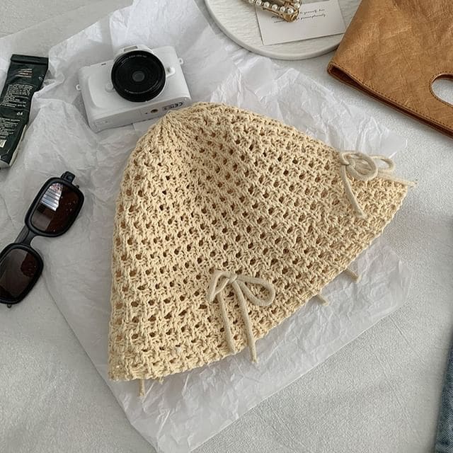 Bow Woven Bucket Hat - Flat Edge - Beige / One Size