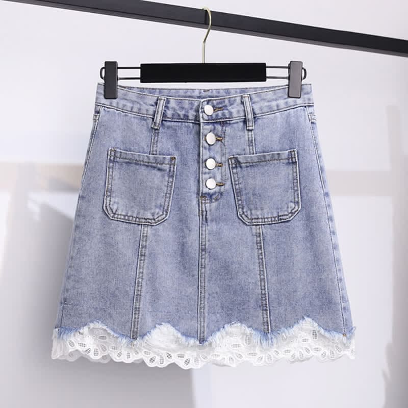 Bowknot Knitted T-Shirt High Waist Denim Skirt - Blue Skirt