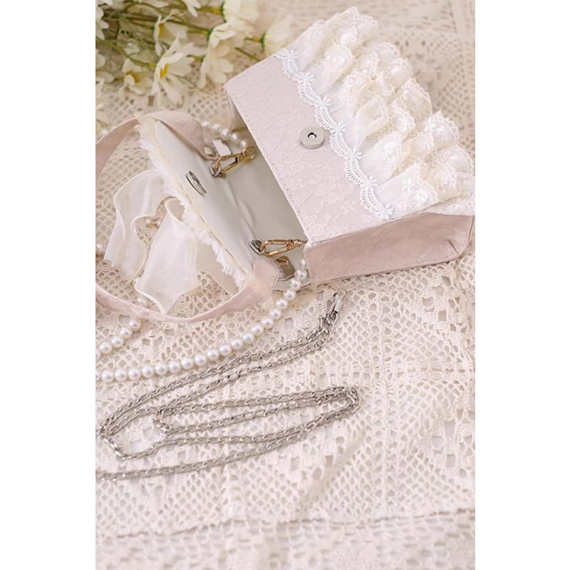 Bowknot Lace Pearl Chain Crossbody Bag - One-Size / Ivory