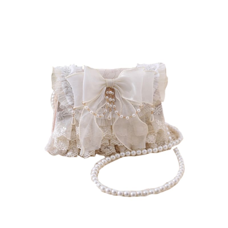 Bowknot Lace Pearl Chain Crossbody Bag - One-Size / Ivory