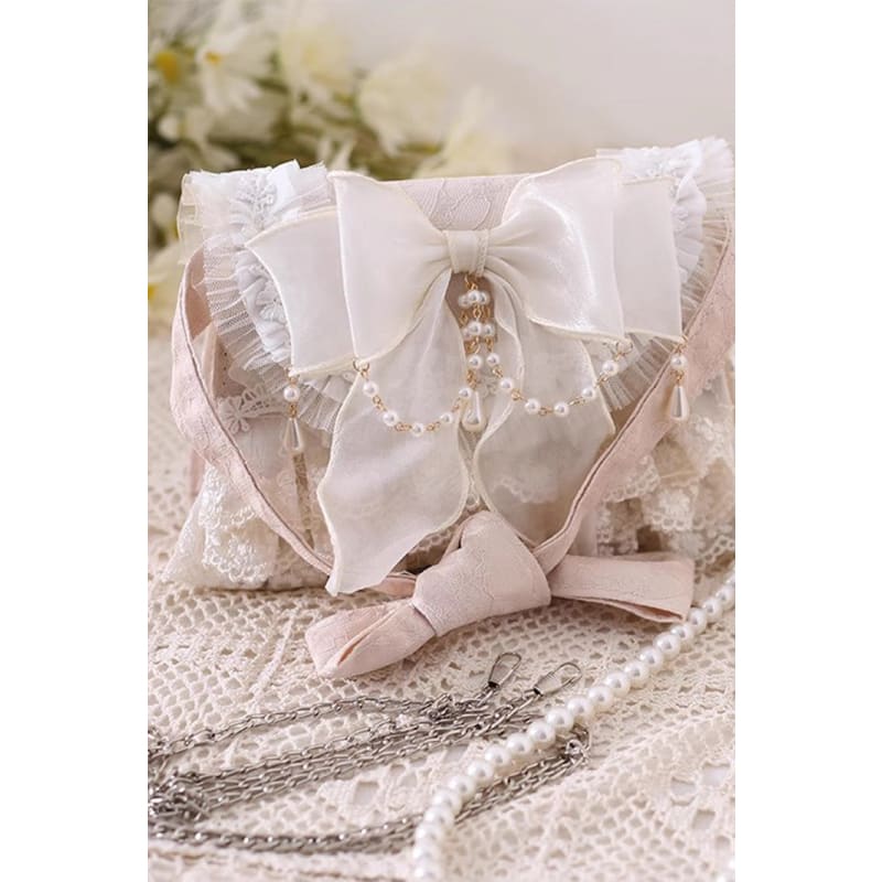 Bowknot Lace Pearl Chain Crossbody Bag - One-Size / Ivory