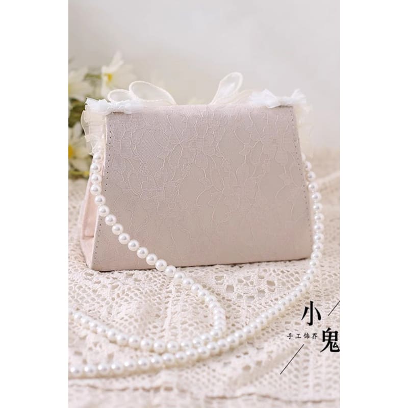 Bowknot Lace Pearl Chain Crossbody Bag - One-Size / Ivory