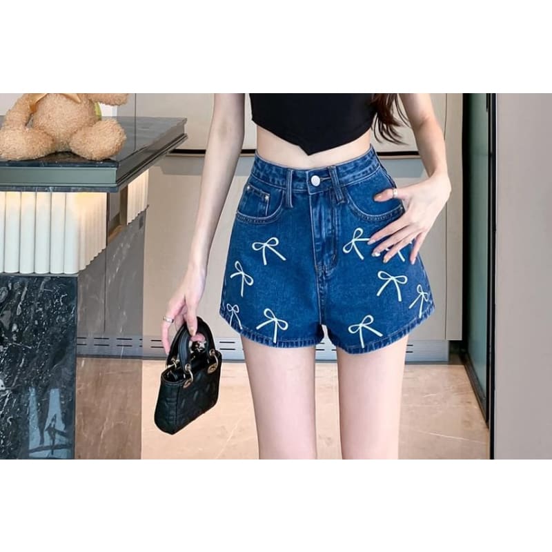 Bowknot Print High Waist Straight Cutting Denim Shorts Egirldoll