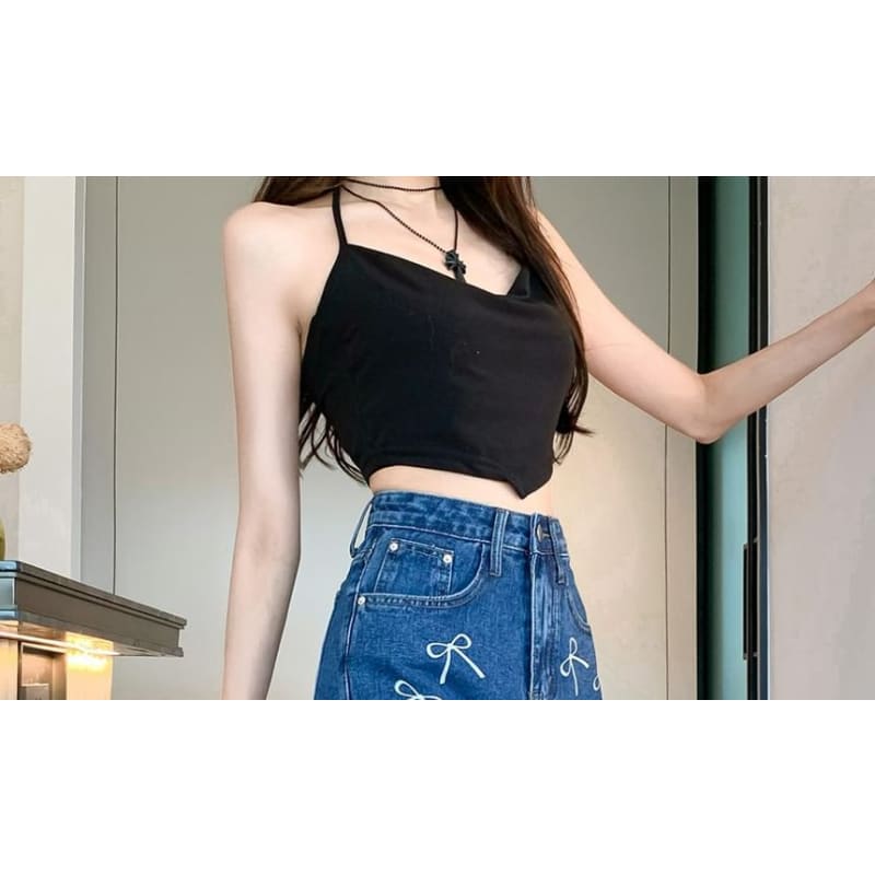 Bowknot Print High Waist Straight Cutting Denim Shorts Egirldoll