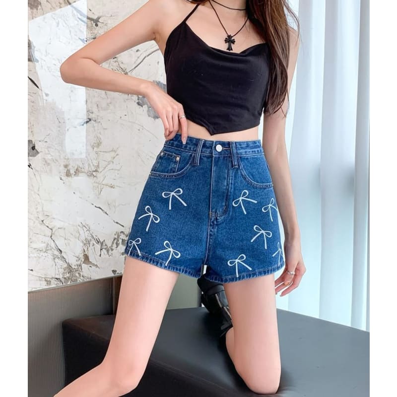 Bowknot Print High Waist Straight Cutting Denim Shorts Egirldoll