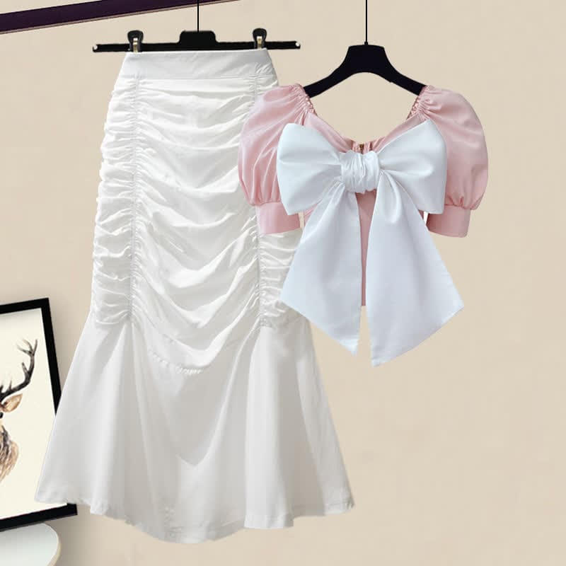 Bowknot Puff Sleeve T-Shirt High Waist Ruffled Skirt - Pink