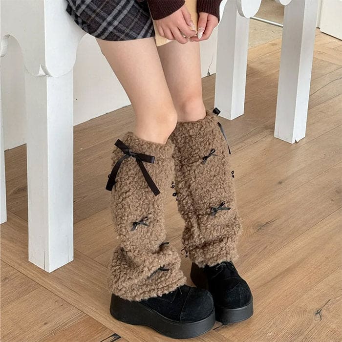 Bows Plush Leg Warmers - Brown - Socks