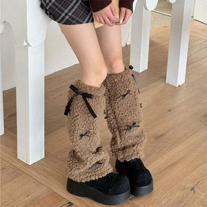 Bows Plush Leg Warmers - Brown - Socks