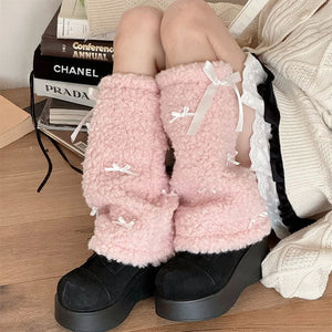 Bows Plush Leg Warmers - Pink - Socks