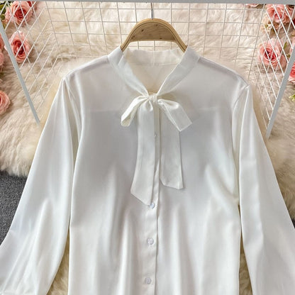 Bowtied Collar White Blouse and Single Breasted Dress Suits