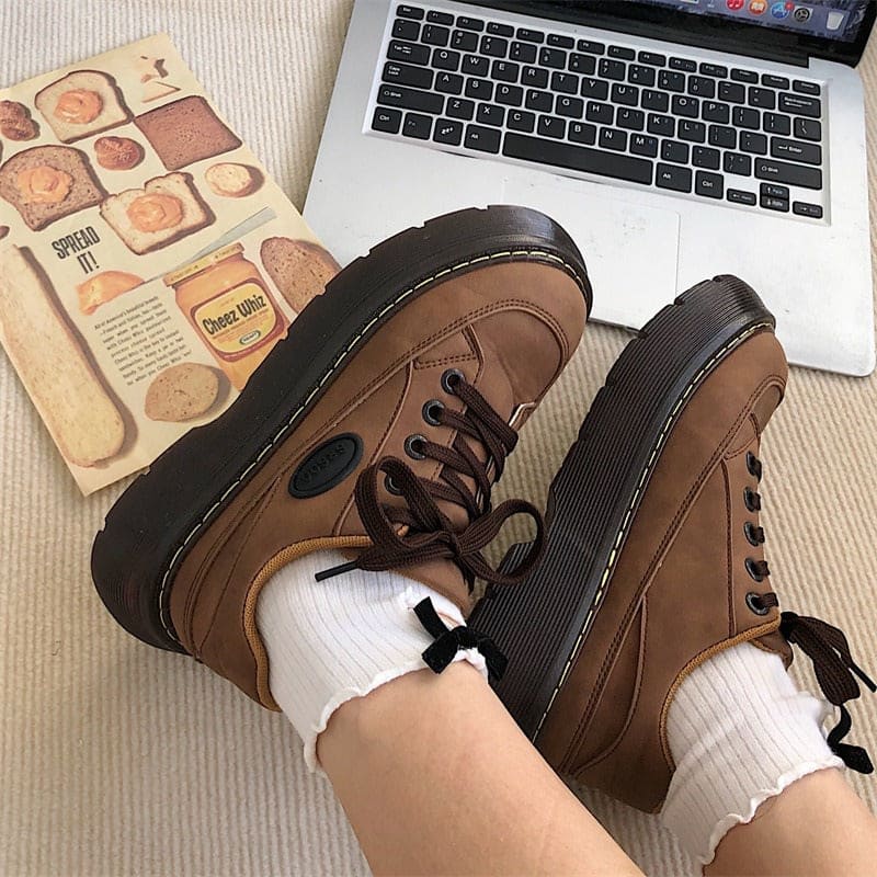 Brown Aesthetic Platform Oxford Shoes - Boots