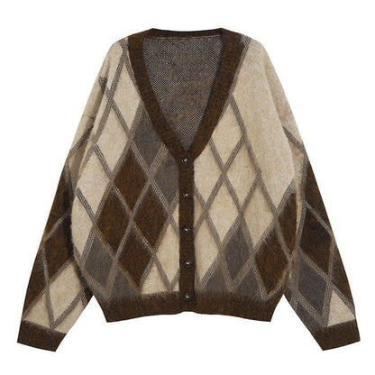 Brown Argyle Fuzzy Cardigan - Free Size / Brown - Sweater