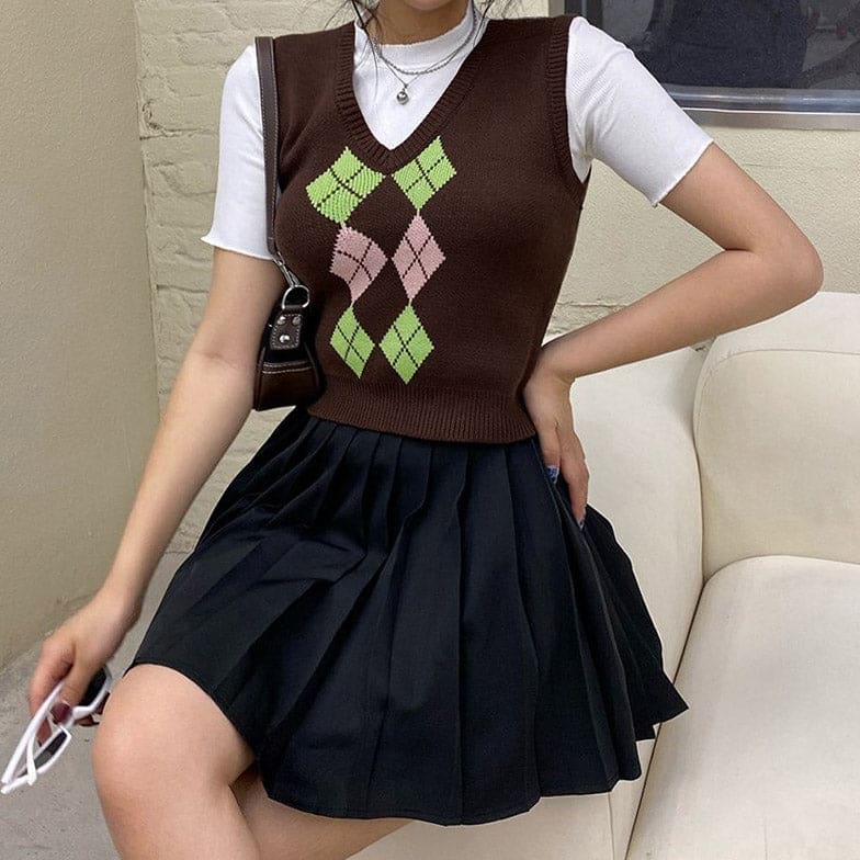 Brown Argyle Vest - Free Size / Brown - Vest