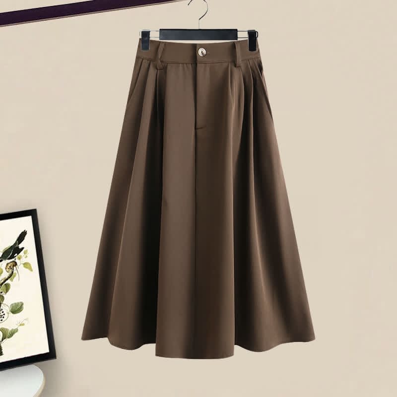 Brown Bow Knot Sleeve Shirt High Waist Skirt - Skirt / M