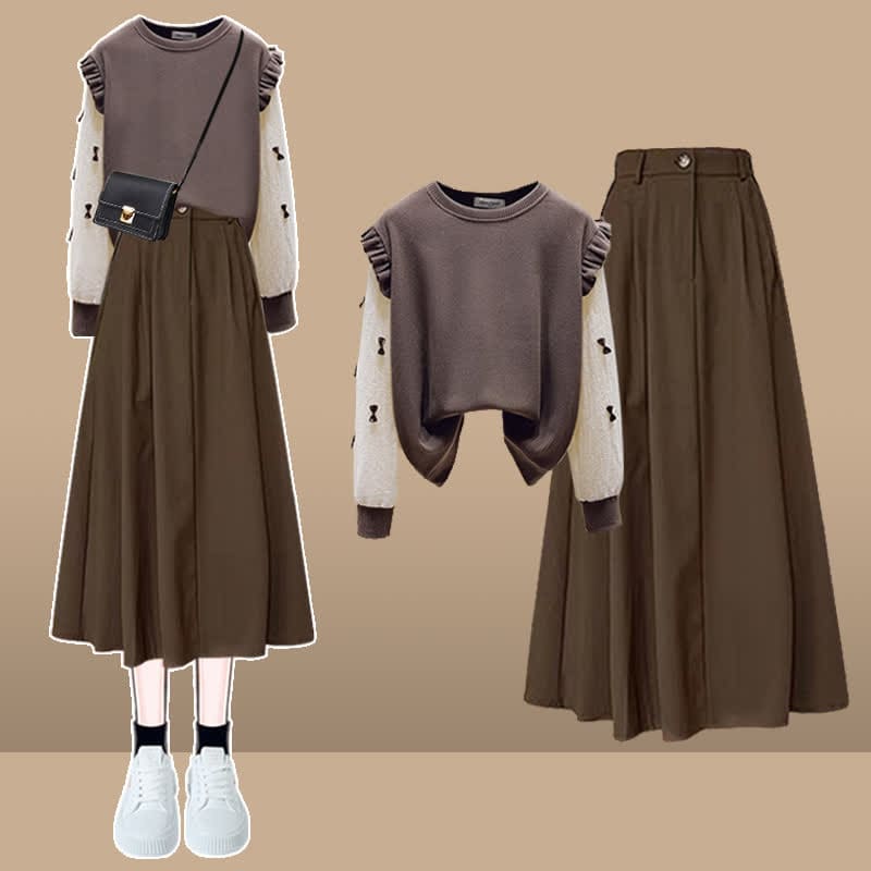 Brown Bow Knot Sleeve Shirt High Waist Skirt - Shirt