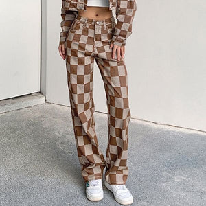 Brown Checkered Jeans - Jeans
