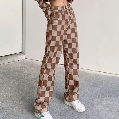 Brown Checkered Jeans - Jeans