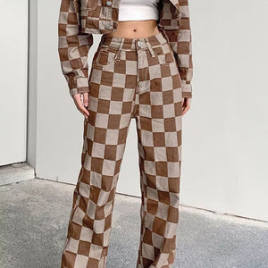 Brown Checkered Jeans - Jeans