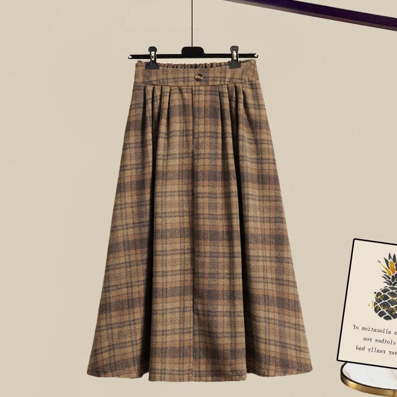 Brown Colorblock Stripe Sweater Plaid Print Skirt