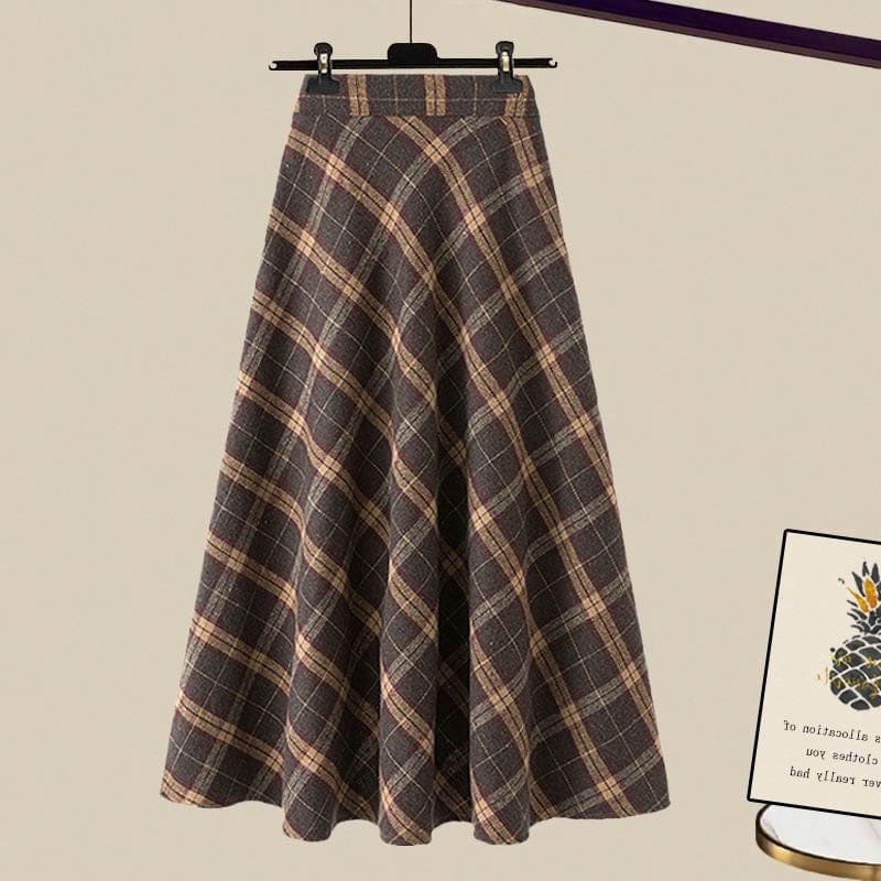 Brown Colorblock Stripe Sweater Plaid Print Skirt - Skirt