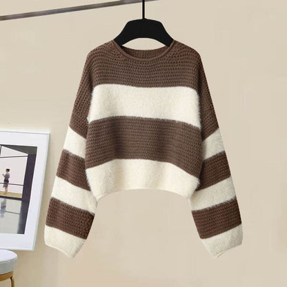 Brown Colorblock Stripe Sweater Plaid Print Skirt - Sweater