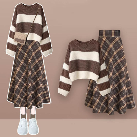 Brown Colorblock Stripe Sweater Plaid Print Skirt - Set