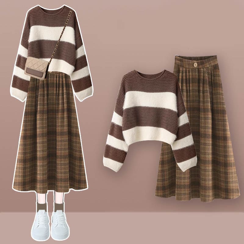 Brown Colorblock Stripe Sweater Plaid Print Skirt - Set B