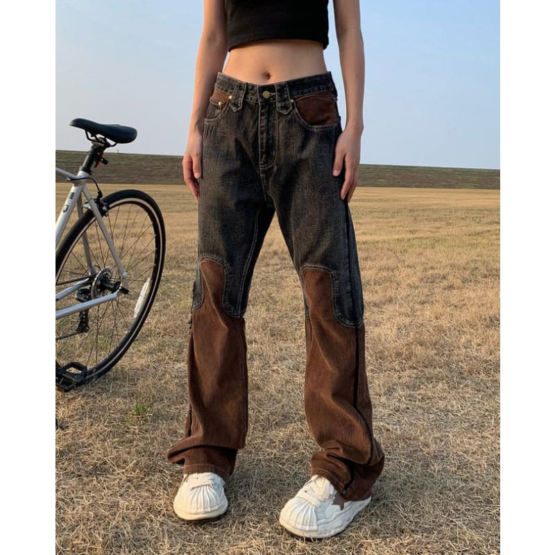 Brown Cowboy Wide Leg Jeans - Jeans