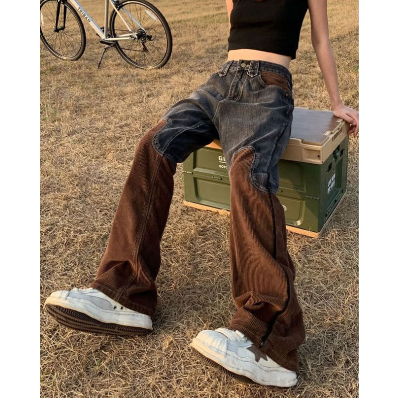 Brown Cowboy Wide Leg Jeans - Jeans