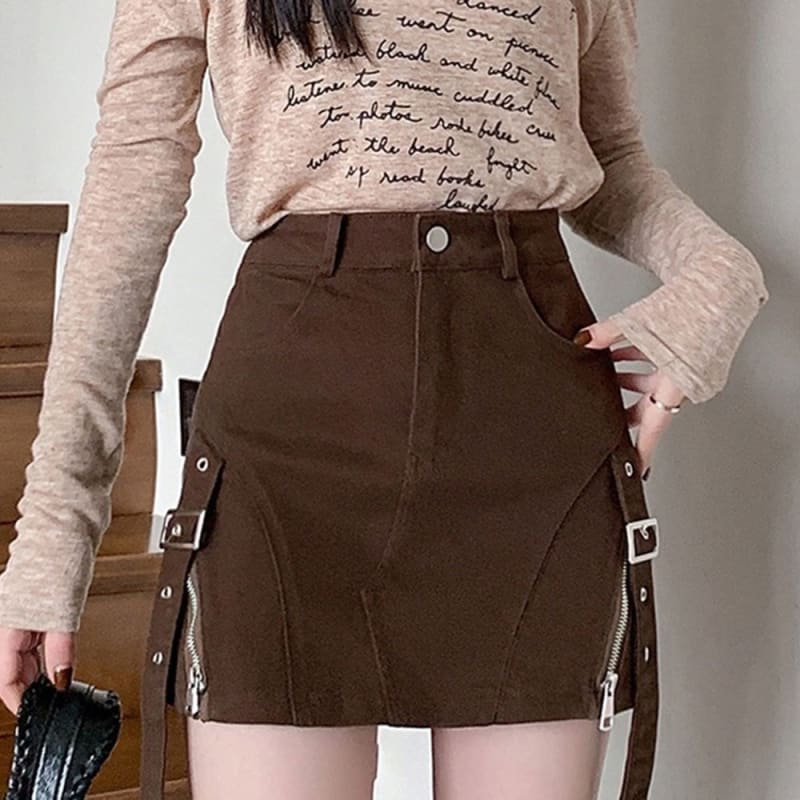 Brown Denim Buckle Skirt - Skirt