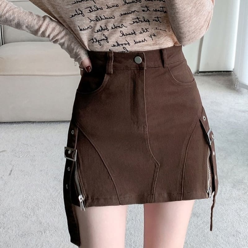 Brown Denim Buckle Skirt - Skirt