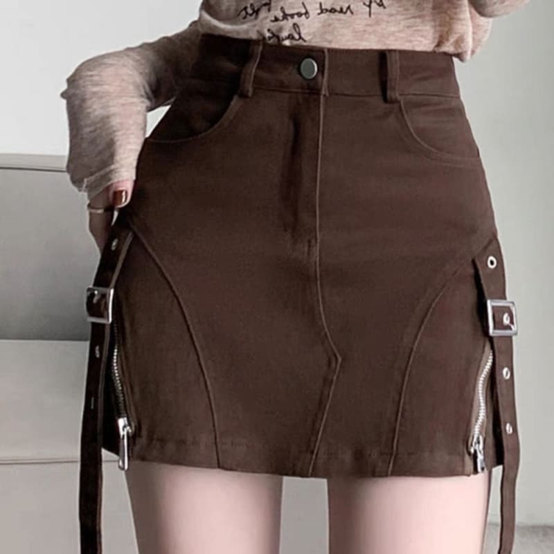 Brown Denim Buckle Skirt - Skirt