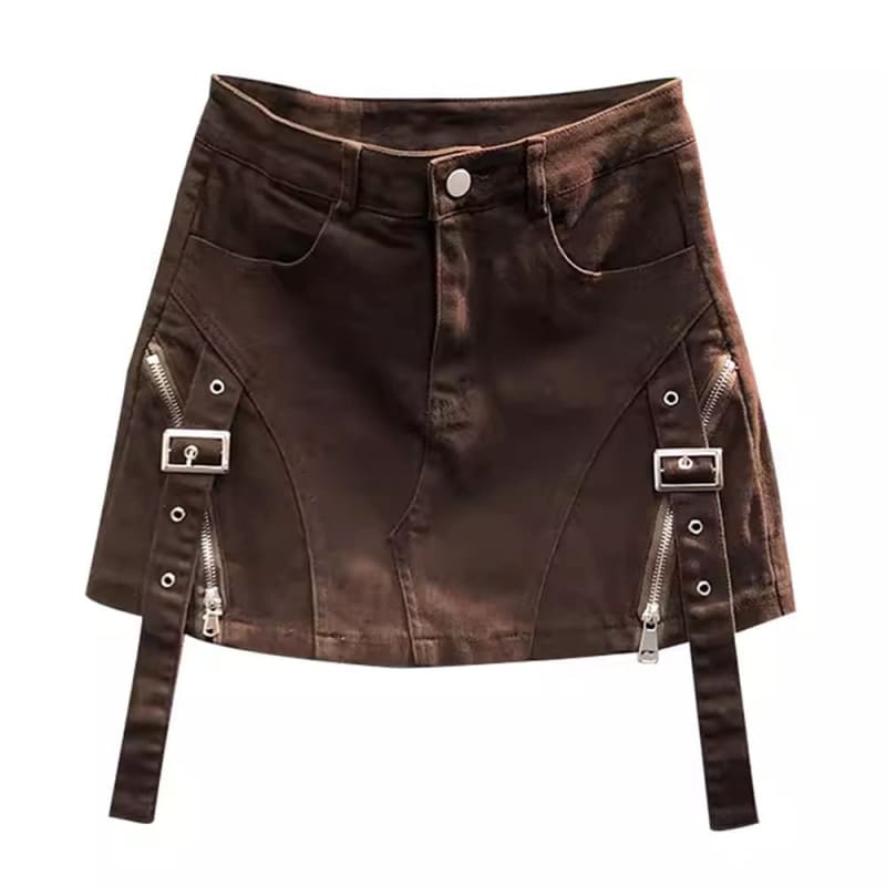 Brown Denim Buckle Skirt - S / Brown - Skirt